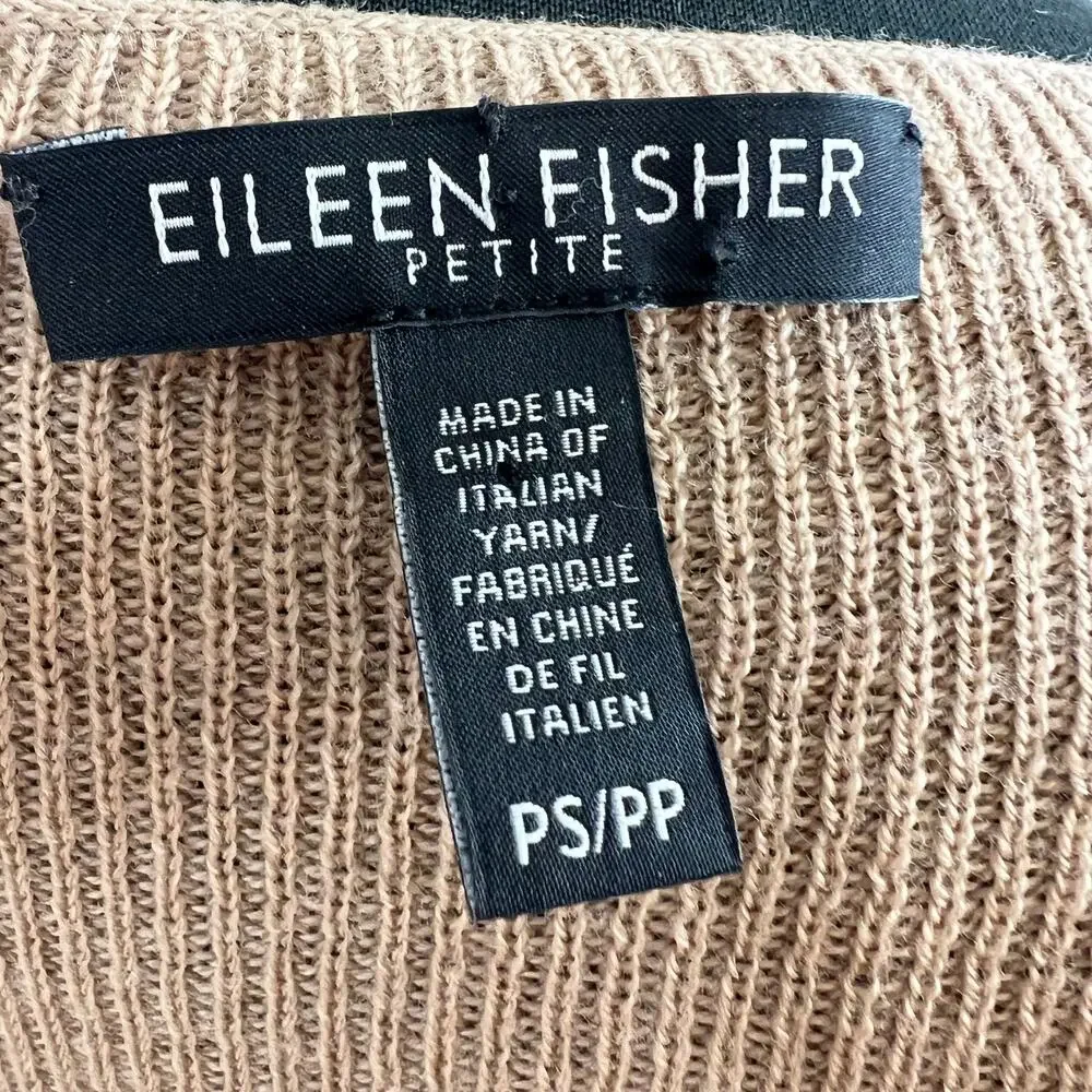 EILEEN FISHER Tan Camel Merino Wool Wide Neck Asymmetrical Pullover Sweater PS